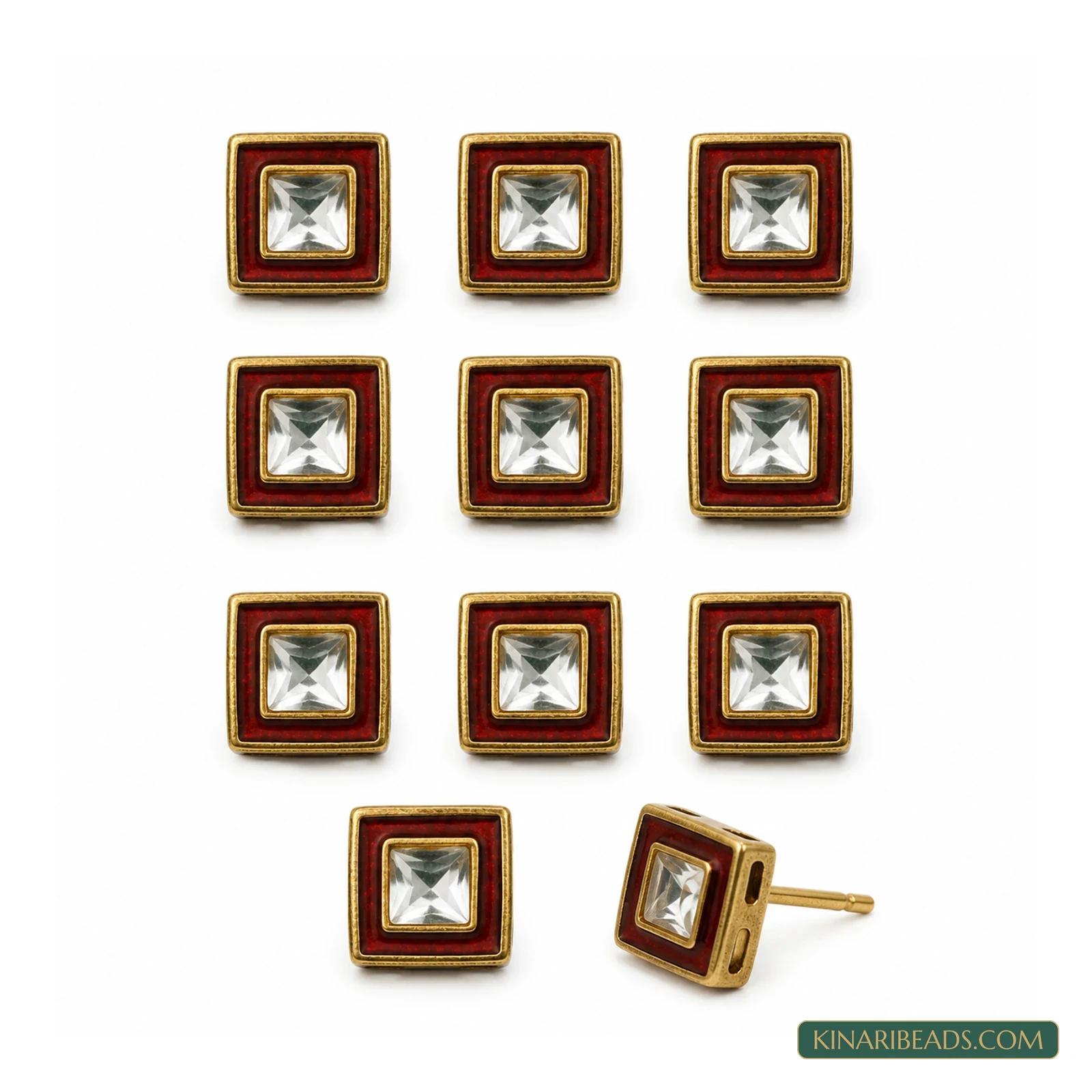 Square Meenakari Kundan Studs – 11mm, 10 Pack - Red colour