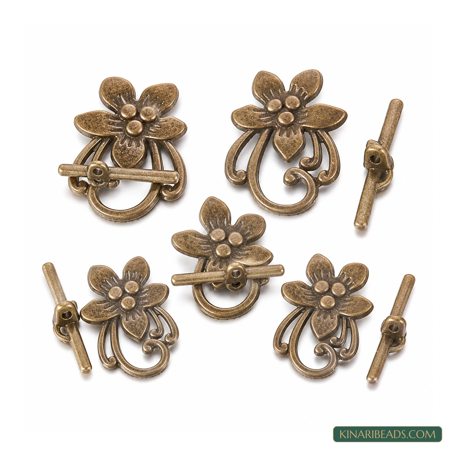 Vintage Flower Toggle & T-Bar Clasp Sets Antiqued Bronze – 5 Sets / 50 Sets